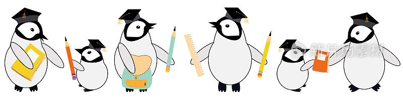 Cute vector border with Kawaii penguin chicks in scholar hat with pencils, notebooks on white backdrop. Banner with a row of cartoon emperor babies in school attire. Fun concept for education learning